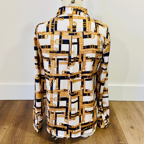 CYBER SALE🕊️vintage 80’s silky button down gold black buckle design blouse - Picture 5 of 10